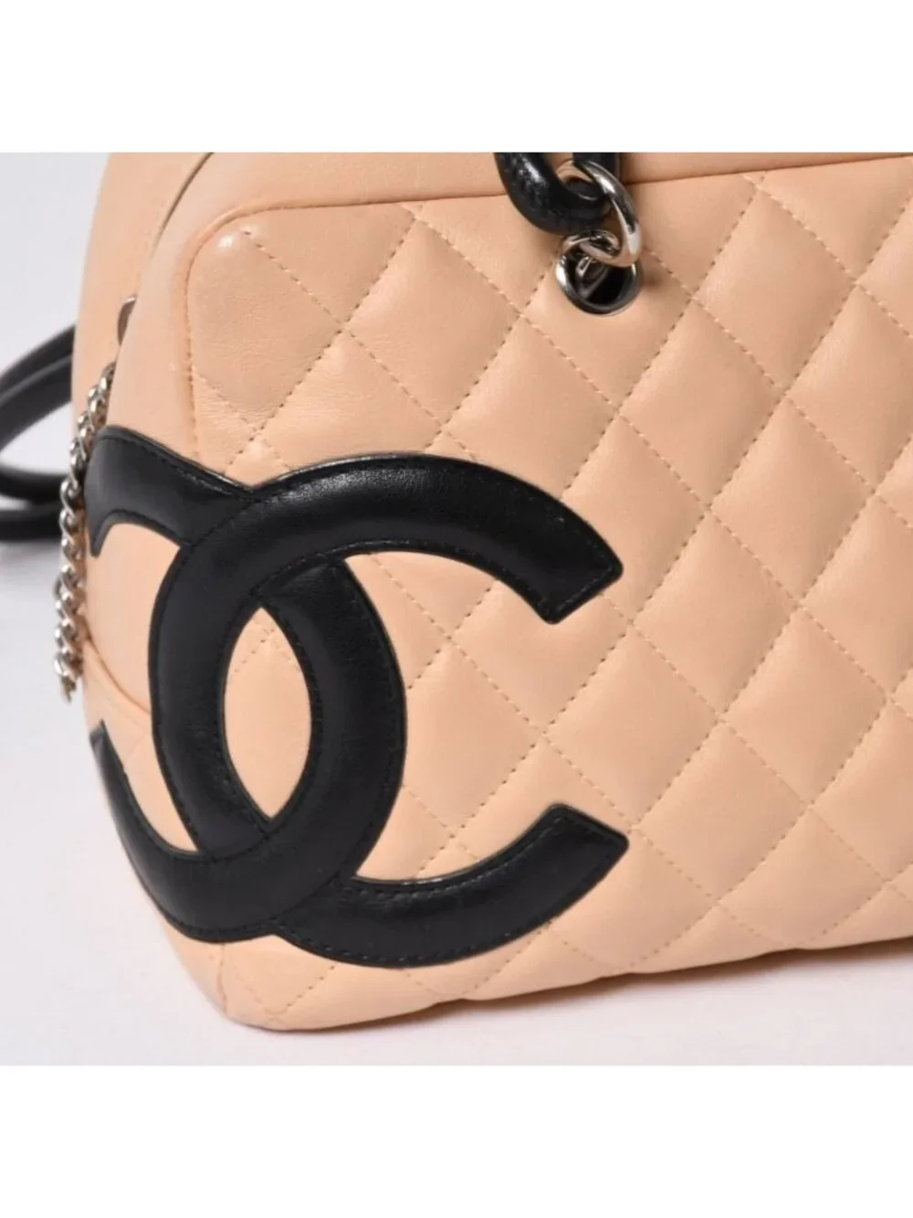 Chanel Cambon Line Bowling Bag Lambskin Beige Black CC Logo Silver
